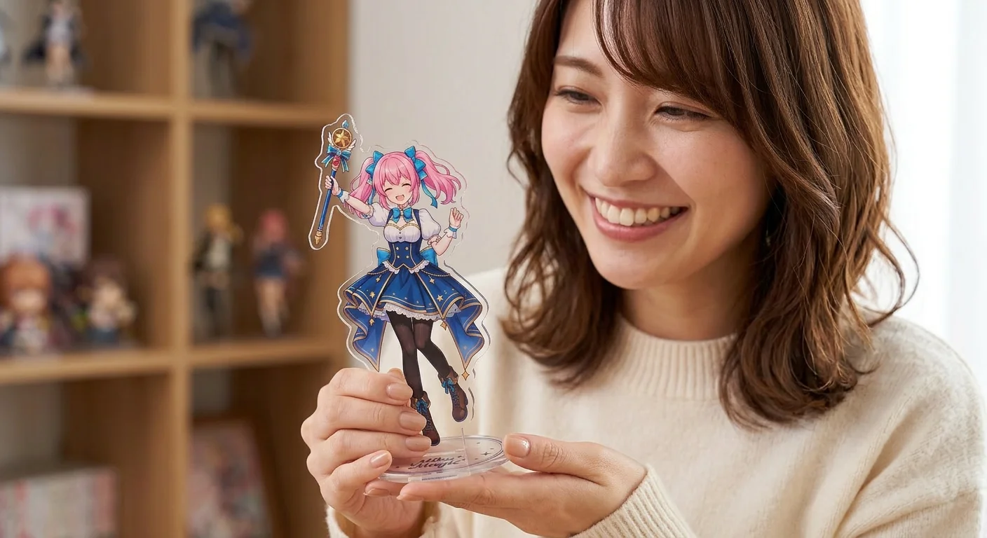 完成したアクリルスタンドを手に喜ぶ女性